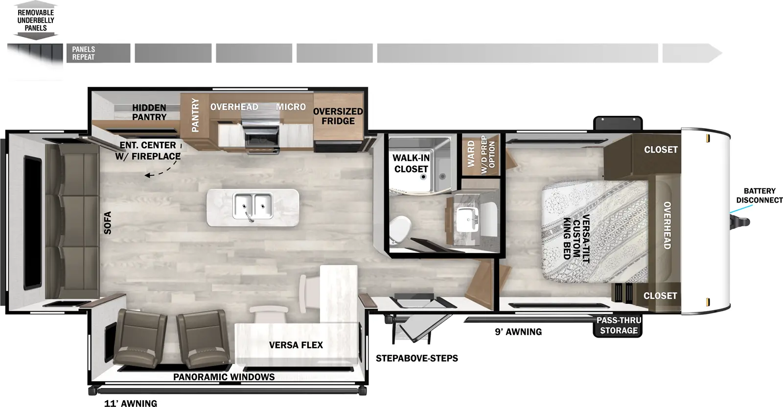 The Wildwood 27RE has one entry and two slide outs. Exterior features include: metal or fiberglass exterior and 11' & 9' awning. Interiors features include: kitchen island, front bedroom and rear living.